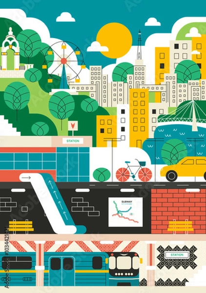 Fototapeta Transport Subway Train City Poster. Vector Illustration of Urban Transportation Concept. Flat Style Design with Outline Art.