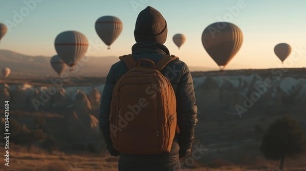 Fototapeta At dawn a tourist with a backpack on the background of soaring hot air balloons in Cappadocia
