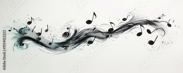 Fototapeta Artistic line drawing of musical notes forming a flowing tattoo design with intricate details and creative patterns