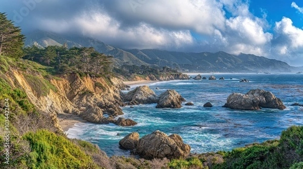 Fototapeta Coastal Cliffs and Turquoise Ocean with Dramatic Clouds