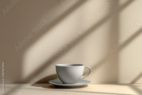 Fototapeta A White Coffee Cup on a Saucer Against a Tan Wall with Light Filtering Through a Window