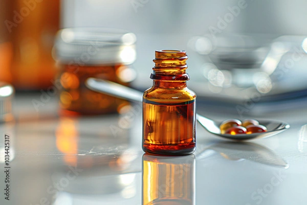 Fototapeta An amber bottle filled with essential oil is prominently featured on a smooth countertop, accompanied by a spoon and various small containers, suggesting a moment of natural wellness.