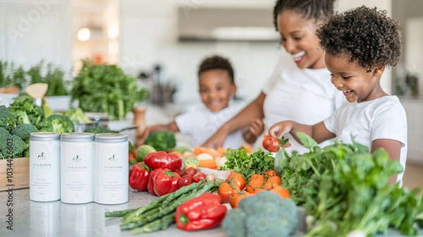 Fototapeta A stylish, high-end kitchen where a mixed-race family is preparing dinner together, with vibrant vegetables and ingredients laid out on the countertop