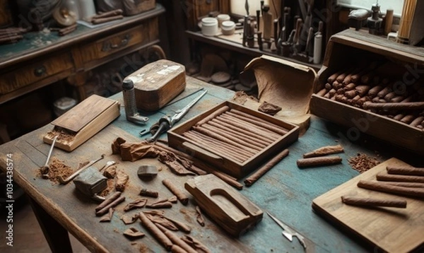 Fototapeta Detailed view of tools and materials in Cuban cigar making