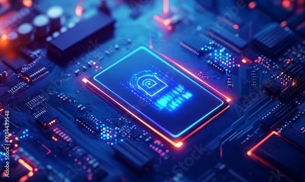 Fototapeta Cybersecurity service concept of motherboard and data safety authentication network or AI regulation laws with login and connecting