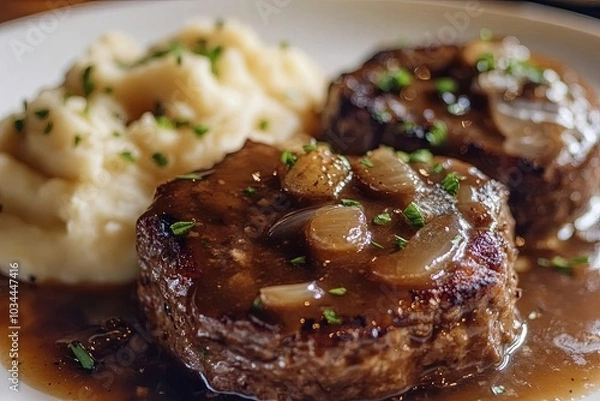 Obraz Simple photo of homemade Salisbury Steak with garlic mashed potatoes, taken with an old camera
