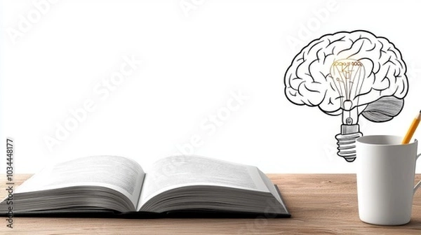 Fototapeta Book one line drawing, modern education and literature. Concept of creative thinking and idea. Minimalist contour hand drawn metaphor line art.