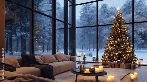 Obraz Elegant modern candlelit living room with a decorated Christmas tree and large windows 