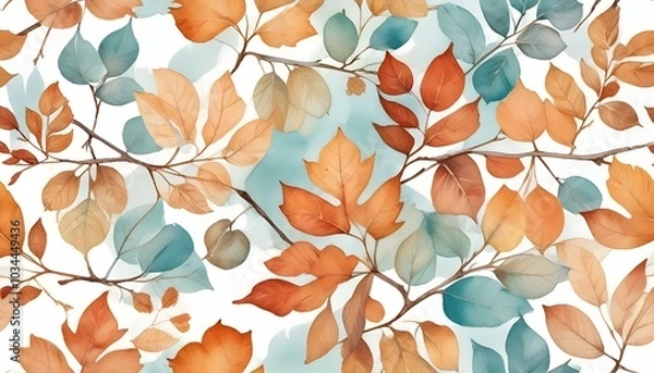 Fototapeta autumnal branch with Different Type of  leaves in watercolor style isolated on white or transparent doodle pattern