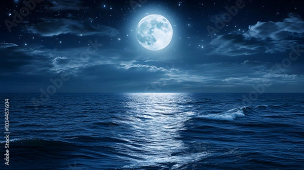 Fototapeta A bright full moon illuminates a tranquil ocean under a starry night sky