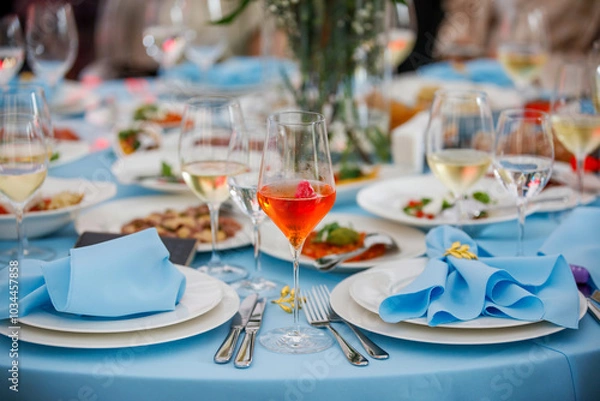 Fototapeta Exquisite table setting with empty plates and polished cutlery, accented by the dreamy atmosphere of a wedding ceremony nearby