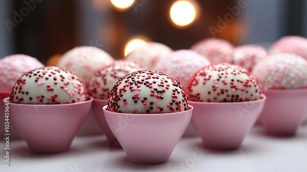Fototapeta Close-up of red and white chocolate covered balls with sprinkles in pink bowls, with blurred golden lights in the background.