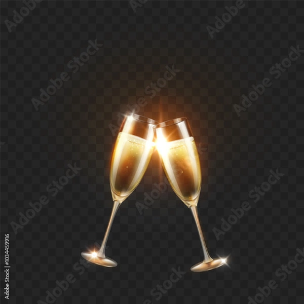 Fototapeta Champagne or white wine glasses isolated on transparent background. Vector Happy New Year alcohol toast wineglasses. 3d festive event elements with sparkle fizzy drink, golden flash light effect