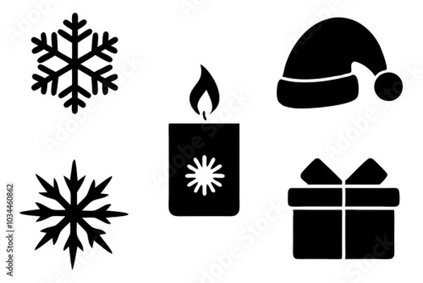 Obraz Set Snowflake, Christmas mitten, Santa Claus hat, Interior fireplace, Calendar, Gift box, Burning candle and Winter scarf icon.happy Christmas Victor icon.
