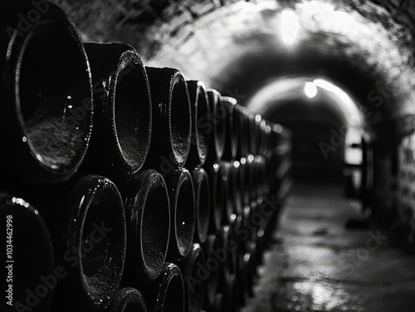 Obraz A striking black and white photograph of wine bottles and glasses, showcasing their elegance and character