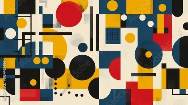 Fototapeta Abstract geometric Bauhaus pattern poster with overlapping shapes and primary colors. Minimalist design. Vector art