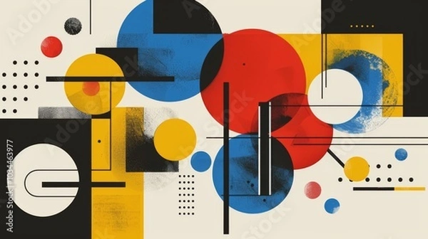 Fototapeta Abstract geometric Bauhaus pattern poster with overlapping shapes and primary colors. Minimalist design. Vector art