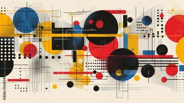 Fototapeta Abstract geometric Bauhaus pattern poster with overlapping shapes and primary colors. Minimalist design. Vector art