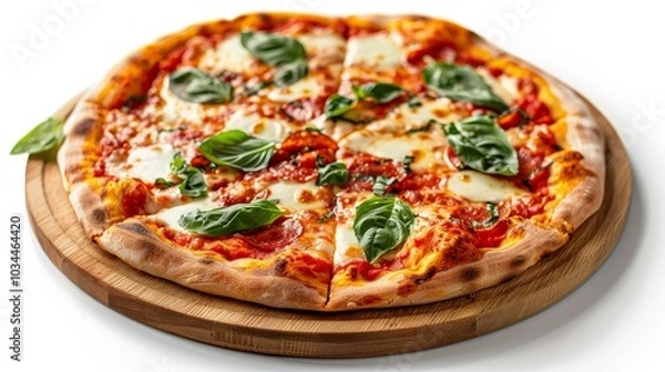 Fototapeta Classic Margherita pizza with fresh mozzarella and basil, served on a wooden plate isolated on a minimalist white background
