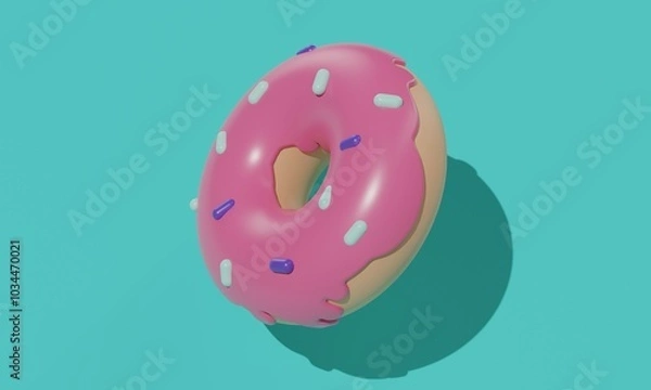 Fototapeta Pink glazed donut with colorful sprinkles on a turquoise background with shadow. 3d rendering 