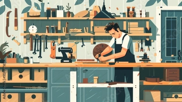 Fototapeta Illustration of Man working on a DIY project in his workshop