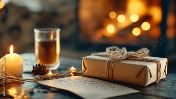 Fototapeta A cozy scene by the fireplace, with a carefully wrapped gift box and a handwritten letter addressed to a loved one – A warm image of thoughtfulness and love, capturing the joy of p