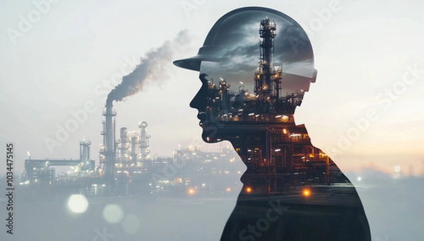 Fototapeta Double exposure of an oil and gas worker's silhouette wearing a helmet in front of the backdrop of an industrial plant, a concept for the energy industry's technolog