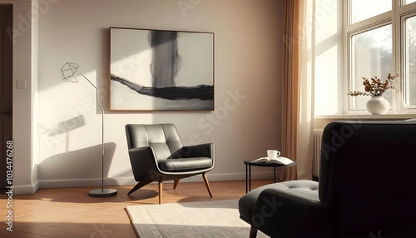 Fototapeta A modern living room designed in minimalist style, featuring clean lines, neutral colors, and functional furniture, creating an inviting and serene atmosphere for relaxation.