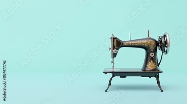 Fototapeta Antique sewing machine with intricate designs, positioned against a light blue background in a modern display setting