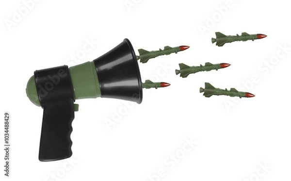 Fototapeta Abstract photo megaphone attack rockets missiles military war rhetoric speech of hate combat conflict isolated on white background. Enemy talk concept idea
