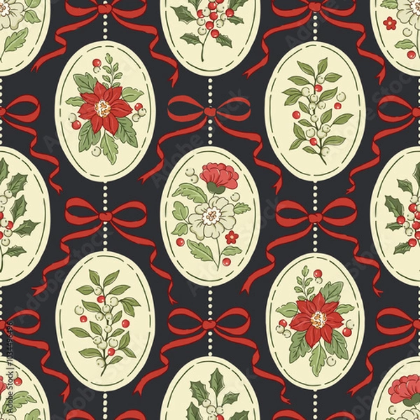Obraz Retro Christmas vector seamless pattern: oval floral cameos, red ribbons. Nostalgic winter botanical design with poinsettia, mistletoe and holly. Vintage Victorian traditional framed holiday motifs