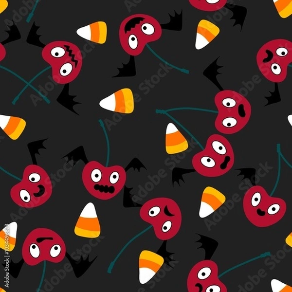 Fototapeta Halloween monsters seamless cherry vampire with wings pattern for wrapping paper