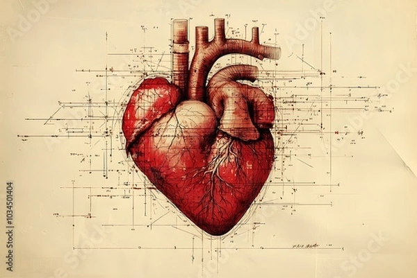Fototapeta A vintage anatomical illustration of the human heart with technical sketches.