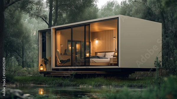 Fototapeta a futuristic mobile home, characterized by its sleek, glossy black exterior and extensive, rounded windows that create a modern, capsule-like appearance
