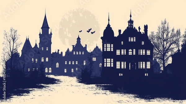 Obraz Silhouette of a castle with trees and bats against a full moon creating a tense and mystical atmosphere