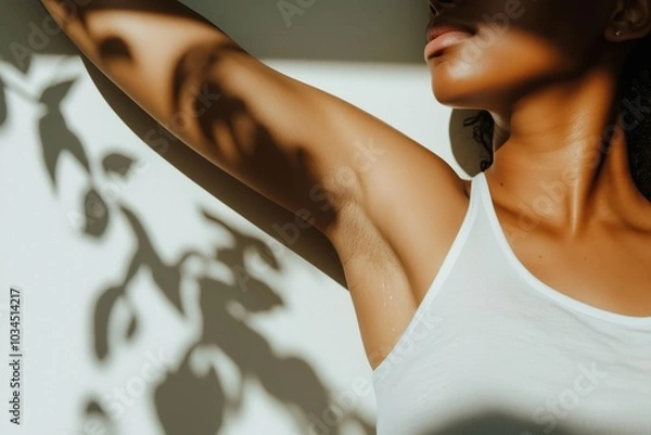 Fototapeta The image depicts a woman in an athletic setting, raising her arm with confidence. Her skin is glowing under soft sunlight, which creates a serene and fresh atmosphere, as she appears to be enjoying a