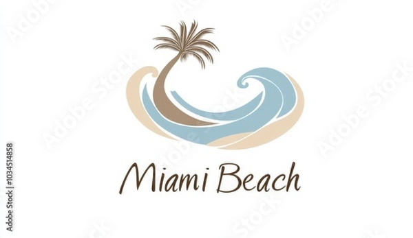 Fototapeta Minimalistic "Miami Beach" Logo Featuring Ocean Wave and Palm Tree in Soft Pastel Colors