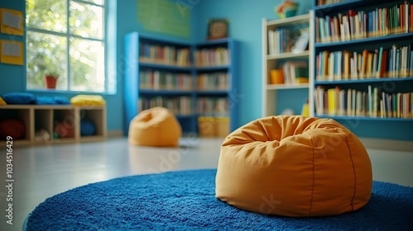 Fototapeta A cozy reading nook featuring colorful bean bags on a blue rug, surrounded by shelves filled with books in a bright, cheerful room.
