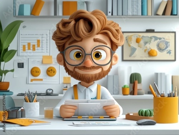 Obraz Smiling Cartoon Character Working at Desk