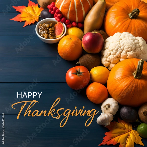Fototapeta happy thanksgiving calligraphy on navy blue wooden background top view of various autumn food fruits and vegetables arranged on the table