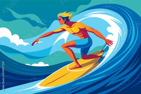 Fototapeta A young surfer catches a wave while riding a colorful surfboard towards the shore, showcasing skill and energy on a sunny day at the beach