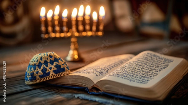 Fototapeta Illuminated menorah and open siddur with kippah on a wooden table, celebrating the hanukkah jewish holiday