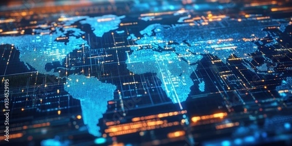 Fototapeta Encrypted data transfer between global servers, cyber protection, digital world map, blue hues