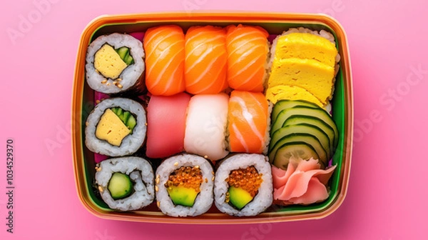 Fototapeta Beautifully colorful arranged sushi bento box with various types of sushi sashimi on green blue background, showcasing vibrant colors and fresh seafood, rice, fish, pickles and vegetable ingredients.