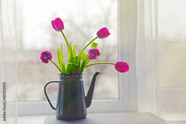 Fototapeta Tulips in watering can on the table, close up