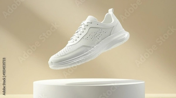Fototapeta A minimalist display of white sport sneakers hovering above a round pedestal against a light background, showcasing modern design and elegance.