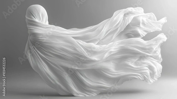 Fototapeta A striking display of flowing white fabric, creating a sense of motion and grace, showcasing beautiful folds against a soft grey background.