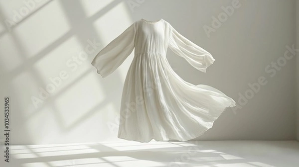 Fototapeta A beautiful white dress with long sleeves is gracefully floating against a neutral background, showcasing its delicate pleats and design.