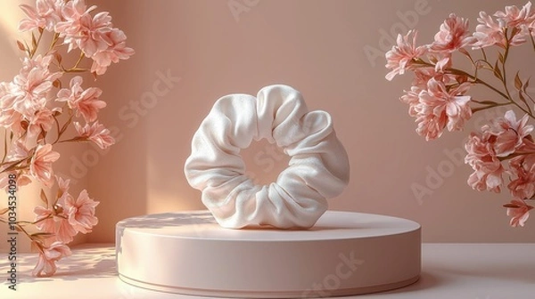 Fototapeta A beautifully rendered white scrunchie displayed on a pedestal surrounded by delicate pink flowers. This image showcases elegance and femininity.