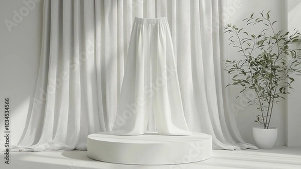 Fototapeta A stylish display of elegant white pants in a modern, minimalist environment featuring soft lighting and greenery.